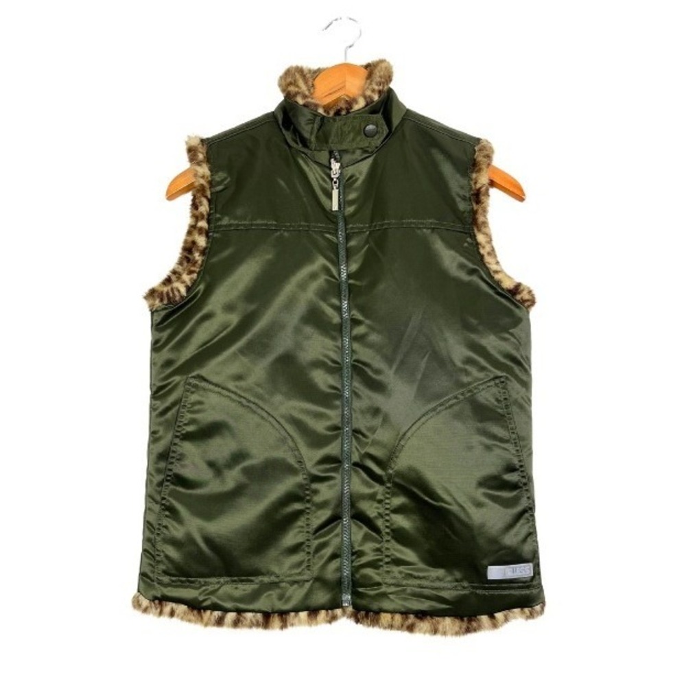 GUESS Reversible Faux Fur Leopard Vest Olive Green Zip Women's‎ Sz S Y2K - Picture 4 of 9